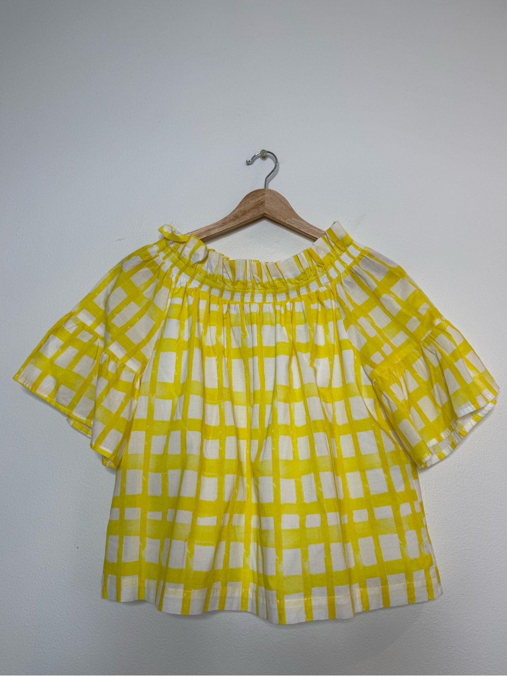 Brooke Wright Gingham Yellow Dopamine Dressing Ruffle Sleeve Flowy Blouse xs